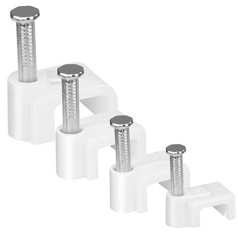 LeMotech 120pcs Cable Clips 5/7/8/10mm Flat Cable Nail Clips Cable Tacks Coaxial Nail Clamps for Cable Cord Management RG6 RG59 CAT5 CAT6 RJ45 Electrical Ethernet Coaxial Clamps, White