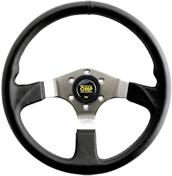 OMP Steering Wheel, ASSO, 350 mm Diameter, Flat, 3-Spoke, Black Leather Grip, Steel, Chrome, Each