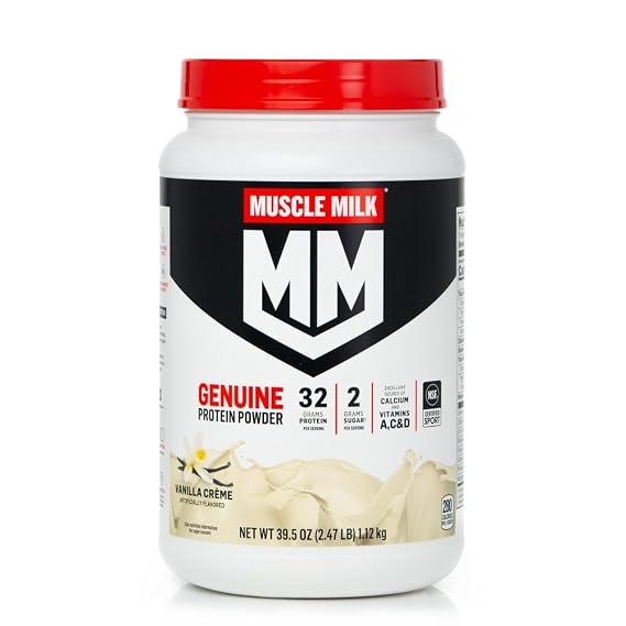 Muscle Milk Genuine Protein Powder, Vanilla Creme, 2.47 Pound, 16 Servings, 32g Protein, 2g Sugar, Calcium, Vitamins A, C & D, NSF Certified for Sport, Energizing Snack, Packaging May Vary
