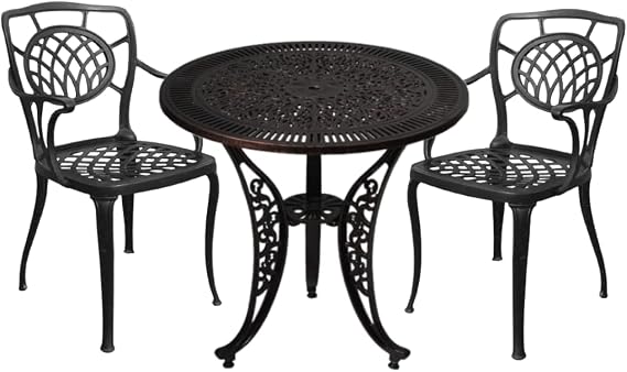 Granada Aluminyum Döküm Bahçe Veranda Balkon Oturma Grubu 3 Parça 2 Koltuk Kolçaklı Sandalye 1 Masa Takımı Set Dış Mekan Outdoor Mat Siyah Teras