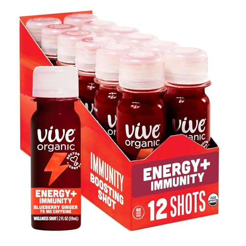 Vive Organic Energy Shot  Immune Support, Immune Defense with Ashwagandha, Green Tea & Caffeine, Gluten Free, Vegan, Energy and Focus, 2 Fl Oz Pack of 12