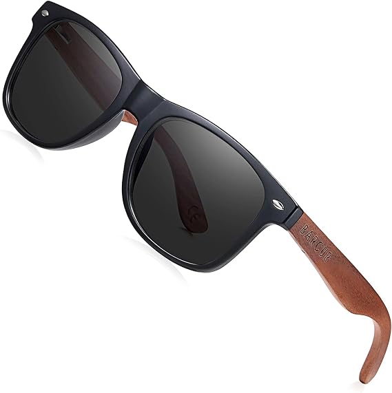 Barcur Wood Sunglasses for Men Women Polarized, uv Protection Black Walnut/Zebra Wooden Arms Frame Shades with Case