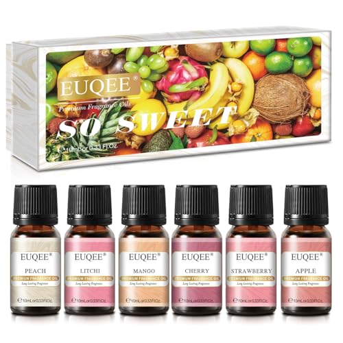 EUQEE Premium Fruit Fragrance Oils Gift Set for So Sweet - 6x10ml-Strawberry, Cherry, Litchi, Apple, Mango, Peach - Scented Essential Oils for Diffuser, Candle Making