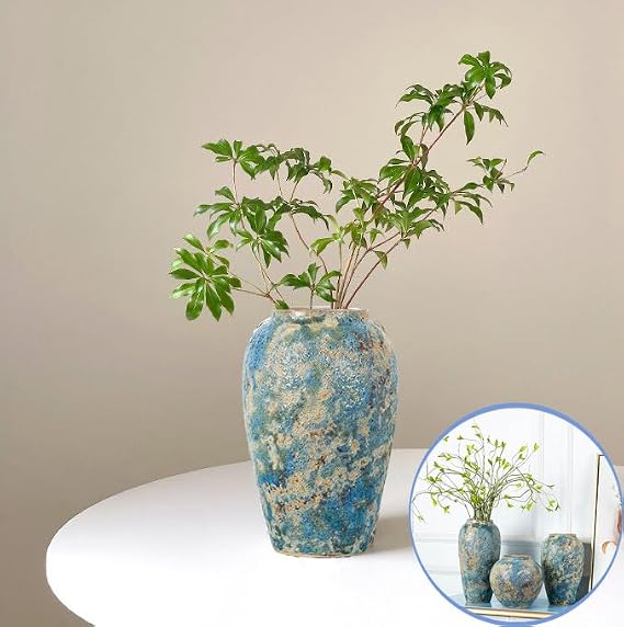 Rustic Ceramic Flower Vase,11.8in Large Chinese Style Vase,Blue