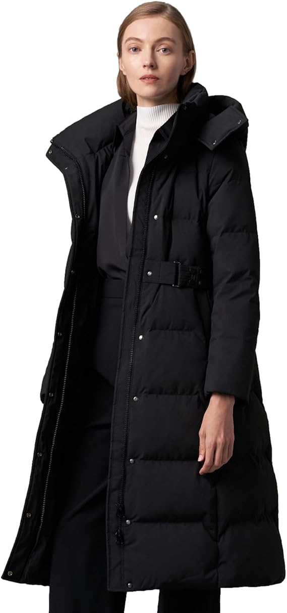 BOSIDENG Women's Winter Long Down Jacket Hooded Removable Cap Waisted Thickened Warm Winter Jacket