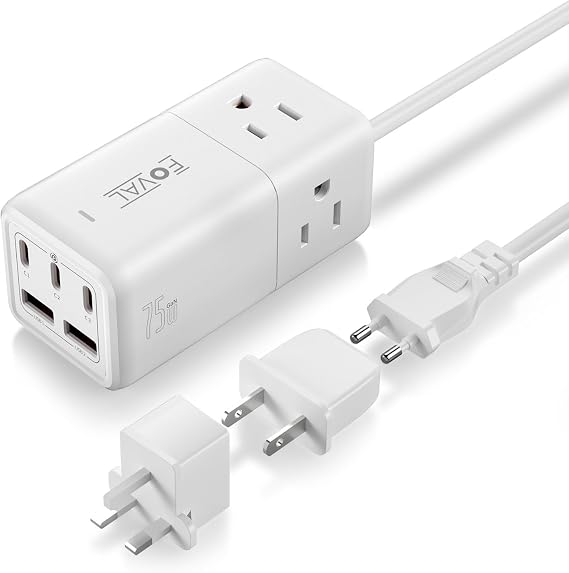European Travel Plug Adapter, FOVAL US to UK Europe Power Strip 75W USB C Charger with 5 USB Ports, 3 AC Outlets, 5ft Extension Cord, for Spain, France, Ireland, Travel Home Cruise Ship