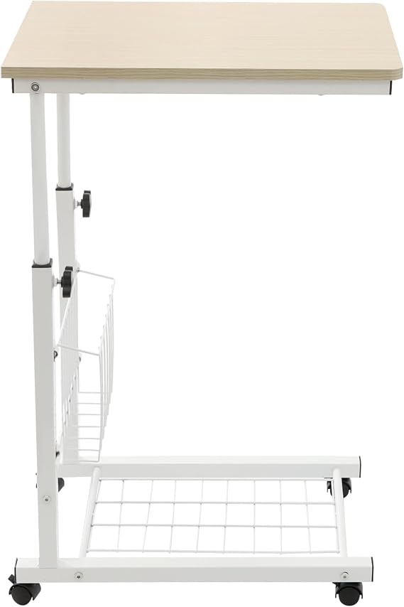 Height Adjustable Side Table for Bed, Mobile Laptop Desk on Wheels with 2-Tier Storage, 22"–30" Adjustable Standing Desk, C-Shaped Rolling Cart for Sofa, Bedroom, Living Room – White Maple