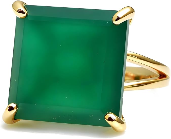 Green Onyx Ring - 16mm Square May Birthstone Gold Ring - Lovely Stone, Statement, Fashion Rings for Her - Customizable Jewelry for Women