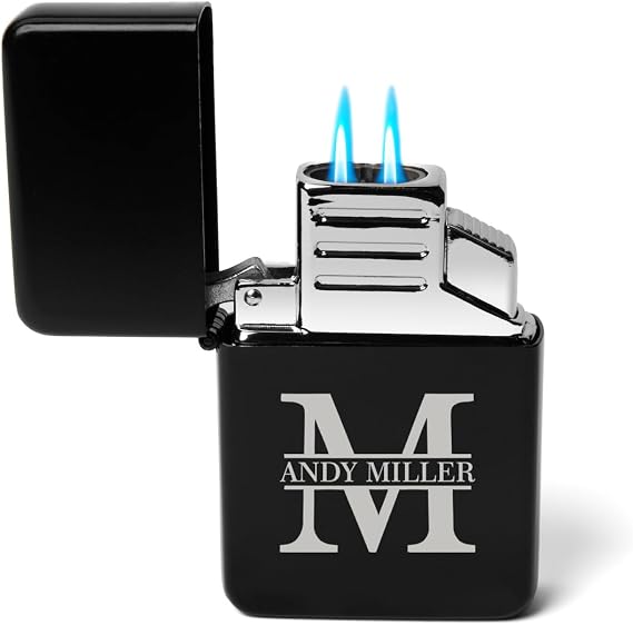 Custom Personalized Engraved Dual Flame Torch Lighter (Black, Block Initial)