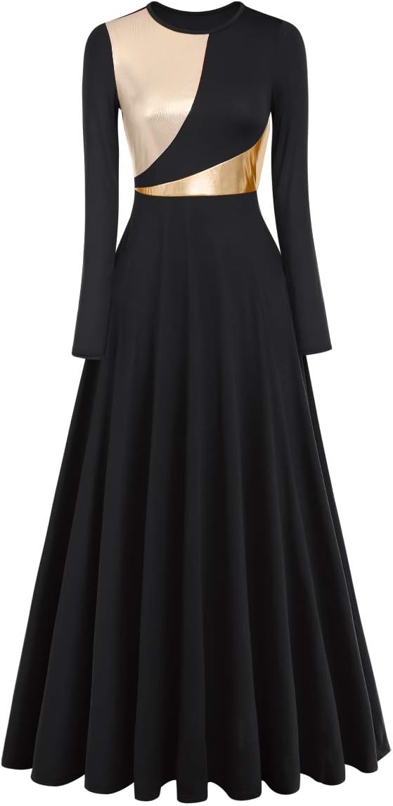 IDOPIP Women Metallic Color Block Praise Full Length Long Sleeve Dance Dress Liturgical Lyrical Dancewear Worship Robe Dress