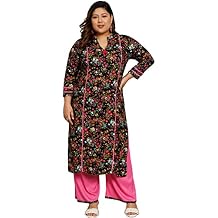 Tissu Women's Plus Size Black & Pink Floral Printed Kurta with Palazzo