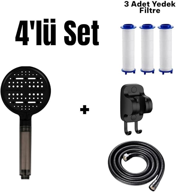 4'lü Set 6 Fonksiyonlu Filtreli Duş Başlığı +3 Adet Yedek Filtre+ 150 cm Duş Hortumu + Siyah Yapışkanlı Askı Aparatı