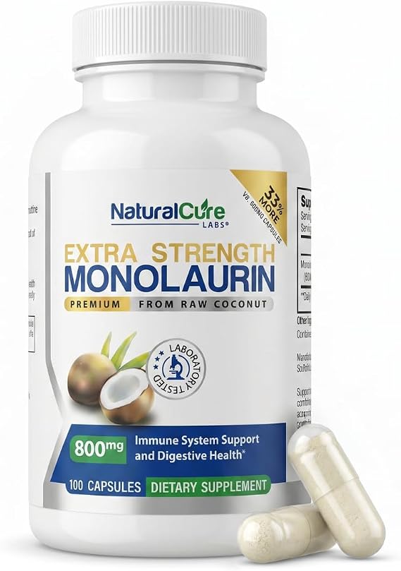 Natural Cure Labs Extra Strength Monolaurin 800mg, 100 Capsules, 33% More | 1,600mg per 2-capsule serving; vegan, gluten-free, lab tested for purity & potency, coconut derived