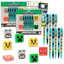 Minecraft Mechanical Pencils and Erasers Party Favors Bulk, 20 Pencils and 8 Erasers for Goodie Bags, Loot Bags, Classroom Prizes Plus More | Minecraft Party Supplies Kids, Boys, Girls