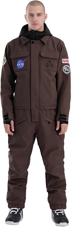 GSOU SNOW Ski Suit Men Snowsuit One Piece Ski Outfits Jumpsuit Jackets | 15k Waterproof,10k Breathable,Windproof,Adjustable Drawtring Hat,Thigh Vent Zippers,Drop-Seat Zipper,10 Pockets for Snowsport