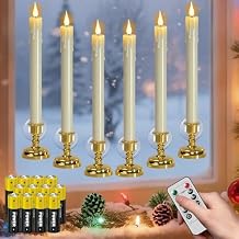 Eldnacele Flameless Window Taper Candles with Remote and Timer, Battery Operated (Included) Flickering Candles Removable Candlesticks and Suction Cups Included Christmas Holiday Decor(6Pcs,Ivory)