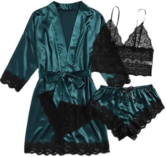 Womens Silk Pajamas Robes Set 4PACKS Sexy Pjs Cami Shorts Satin Sleepwear Lace Loungewear