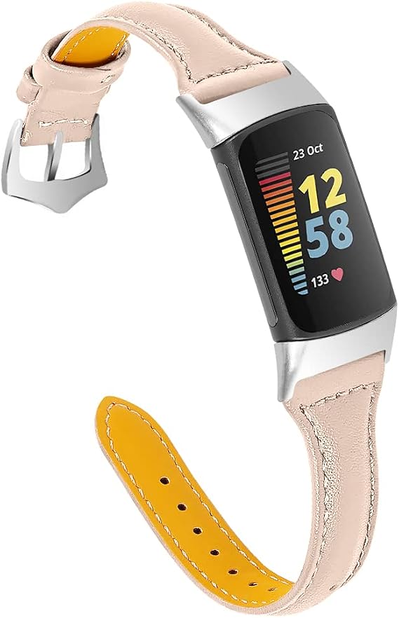 Leather Strap Compatible with Fitbit Charge 6/Charge 5 Strap, Women Men Genuine Leather Sport Band Replacement Watch Strap Wristband Bracelet for Charge 6 Fitness Tracker