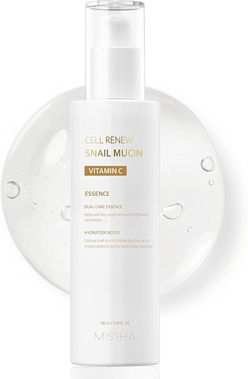 MISSHA Cell Renew Snail Mucin Vitamin C Korean Essence Serum 3.38 oz | 90% Vita Complex supports hydration, smoother texture, elasticity, and radiant glass-skin routine for dry or oily types.