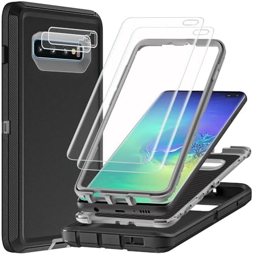 for Samsung Galaxy S10 Plus Case with 2Pcs Self Healing Flexible TPU Screen Protector & Camera Lens Protector, 3 in 1 Heavy Duty ShockproofDrop ProofDust Proof Case BlackGrey