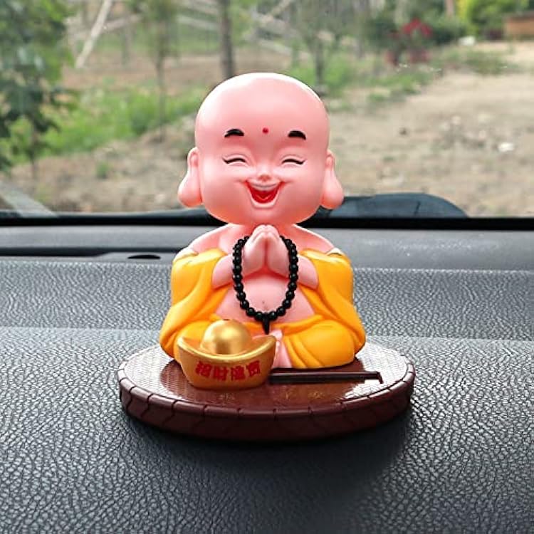Laughing Buddha Statue, Feng Shui Solar-Powered Buddhist Monk Figure for Wealth and Good Luck, Happy Money Buddha Nod Figure for Home Car Garden Decor