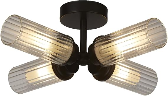 Britalia Matt Black Ceiling Light, Bathroom, 4 Lamp, 39cm x 14cm, Ribbed Glass, Vintage, IP44, Indoor and Outdoor [Energy Class A]