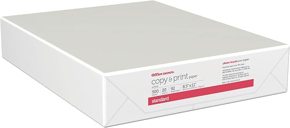 Office Depot Multi-Use Printer & Copy Paper, 1 Ream, White, Letter (8.5" x 11"), 500 Sheets Per Ream, 20 Lb, 92 Brightn