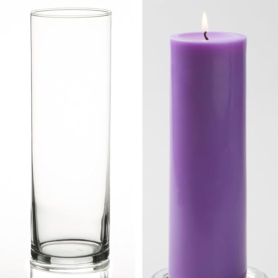 12 Eastland Glass Cylinder Vases 10.5" and 12 Lavender Richland Pillar Candles 3"x9"