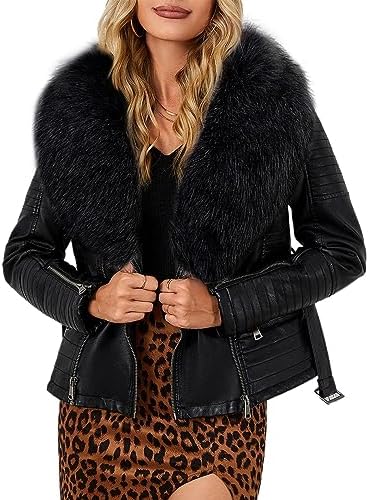 Bellivera Womens Faux Leather Jacket Moto Biker Sherpa-Lined Coat with Removable Fur Collar