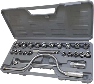 24 Piece Socket Set | 12 Drive | 20 Sockets Ranging 8mm-28mm | Includes Spark Plug Socket, Extension Bar, Speeder & Ratchet Handle | Great For Engine, Auto, Vehicle Repair Tasks
