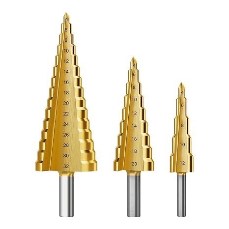 HUHAO Step Drill Bit Set, 3 Piece, Speed Steel Step Drill Bit Spiral Grooved Double Fluted, Large Drill bits for Hole Drilling in Stainless Steel, Copper, Aluminum, Wood, Plastic
