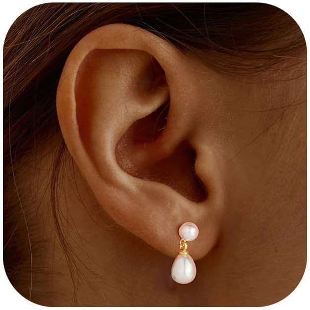 Turandoss Pearl Stud Earrings - 14K Gold Plated Hypoallergenic Pearl Stud Earrings Huggie Drop Dangle Earring Bridesmaid Wedding Jewelry Gifts for Women Her Girlfriend Wife Girls