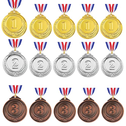 15 Pieces Gold Silver Bronze Award Medals with Ribbon Necklaces for Sports,Games,Competition,Students Rewards,Talent Show,Parties,Olympic Metal Winner Style, 2 Inches