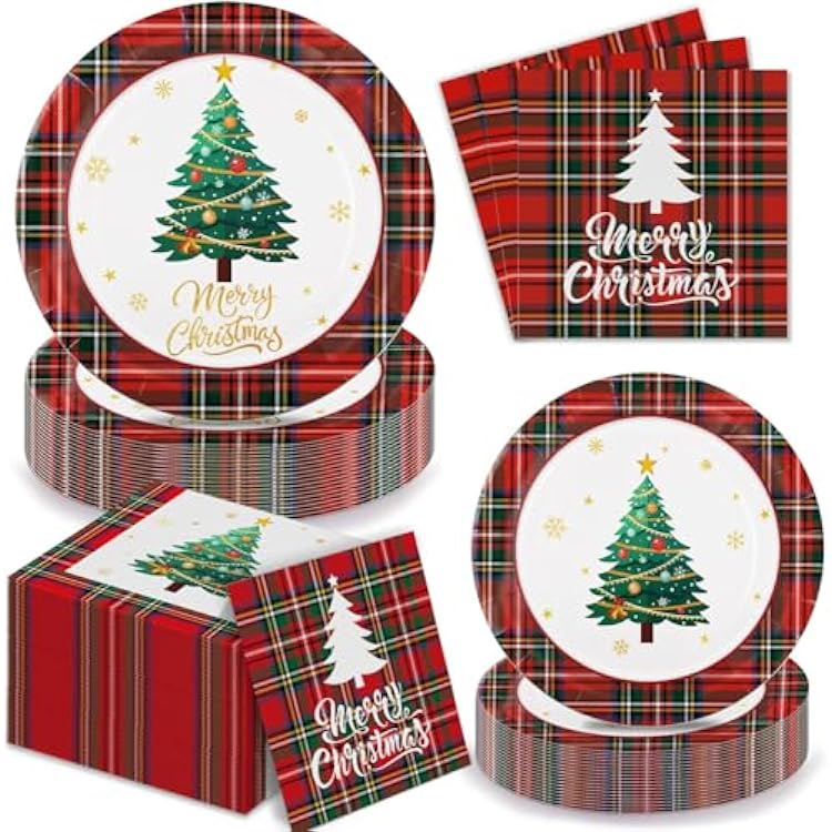 150 PCS Christmas Plates and Napkins - Xmas Tree Red Plaid Disposable Dinner & Dessert Plates, Napkins for Holiday Merry Christmas Party Decorations, Serves 50