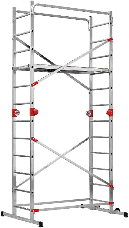 Hailo G60 Scaffold Multi-Position Aluminum Work Platform Ladder System, Adjustable Height, Non-Slip Feet, Built-in Wheels, Folding Design for Storage, Heavy-Duty Construction Silver
