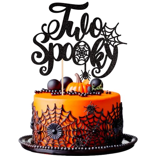 1 PCS Two Spooky Cake Topper Glitter Spider Web Halloween 2nd Birthday Cake Pick Baby Shower Cake Decoration for Halloween Spooky Two Second Birthday Party Cake Decorations Supplies