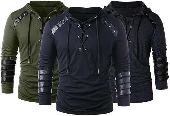 Men Gothic Hoodie Steampunk Drawcord Lace up Pullover Hooded Medieval Knight Long Sleeve Sweatshirt Renaissance Costume Blouse Tops