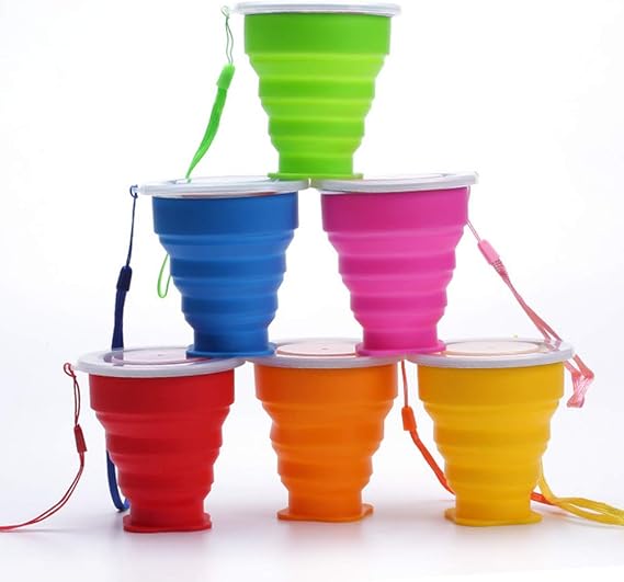 Silicone Collapsible Travel Water Cup, 6Pack Collapsible Silicone Cup with Lid, Expandable Drinking Cup Set, Reusable Mug for Camping, Hiking, Travel
