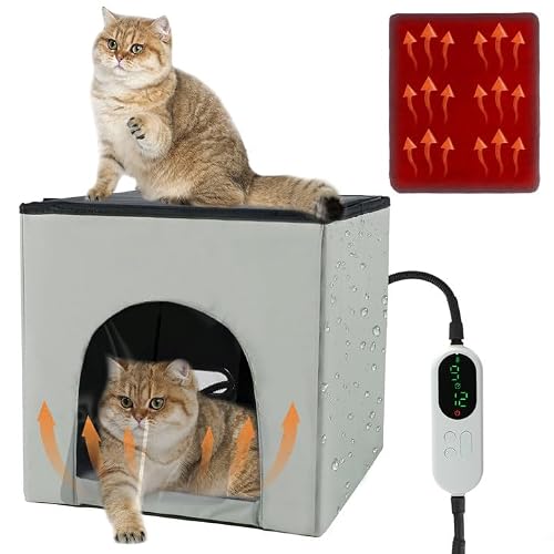 Heated Cat House, Heating Cat Houses for Indoor Outdoor Kitty with Heating Pad, Foldable Heated Kitty House Cat Shelter for Your Pet to Stay Warm and Cozy