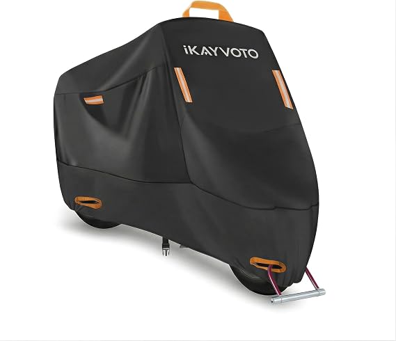 Motorcycle Cover 420D Heavy Duty | All Season Waterproof Outdoor Weather Sun Rain Protection Powersports Vehicle Cover | with 4 Reflective Tape, Lock-Holes, Storage Bag fits up to 96.5"