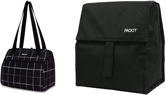 PackIt Freezable Hampton Lunch Bag Cooler, Black Grid & Freezable Lunch Bag with Zip Closure, Black