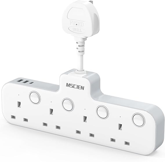Mscien Multi Plug Extension Socket with USB, 4 Way Plug Adapter, Hanging Plug Extender with Switches for Home, Office, Multiplug Wall Socket Extension