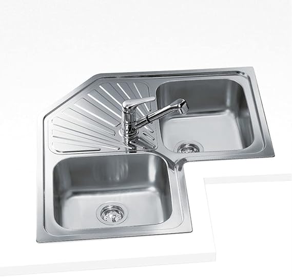 Teka 2C – Angle Sink, 2 Buckets and Drainboard, for 90 cm Furniture, Stainless Steel Bucket, Easy Installation, Modern Design, Stainless Steel Colour
