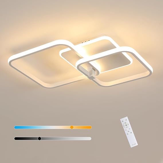LED Ceiling Light Dimmable, 48W 5400LM Ceiling Lamp with Remote Control, Dimmable 3000K-6500K, Square Acrylic Flush Mount Ceiling Light for Living Room Bedroom Dining Room Kitchen, White [Energy Class E]
