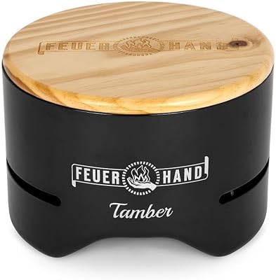 Petromax Feuerhand Tabletop Charcoal Grill, Powder-Coated Steel Tamber for Outdoor Use, Wood Lid, 7.9 inch diameter, Black