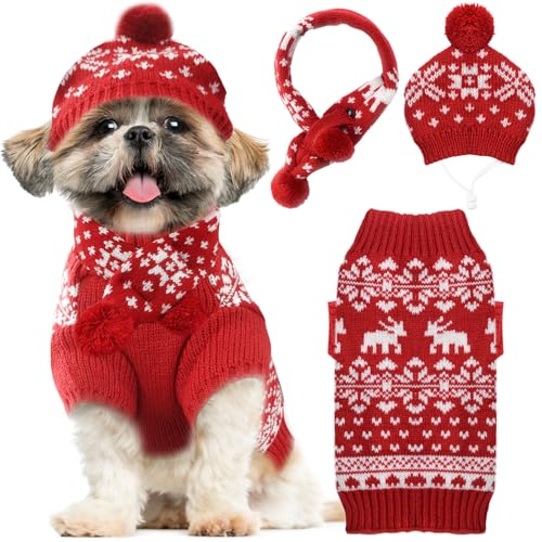 Dog Christmas Outfit 3 PCS Set Pet Xmas Sweater Hat Scarf Snowflake Christmas Dog Cat Sweaters Costume Winter Warm Small Dogs Clothes New Year Holiday Puppy Clothing Scarf  Hat  Sweater,L