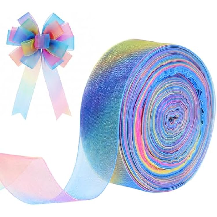 KALIONE 50 Yards Rainbow Organza Satin Ribbon, 1Inch Sheer, Colorful Chiffon for Gift Wrapping, Wedding Bouquet, Party Decoration