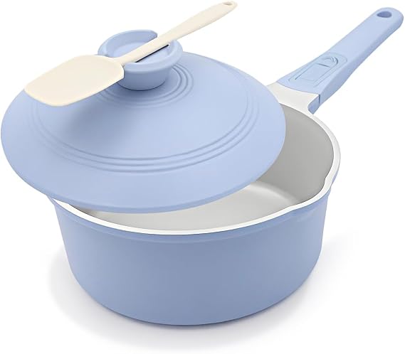 2.5 Qt Ceramic Saucepan with Lid, Nonstick Sauce Pot with Pour Spout, Blue