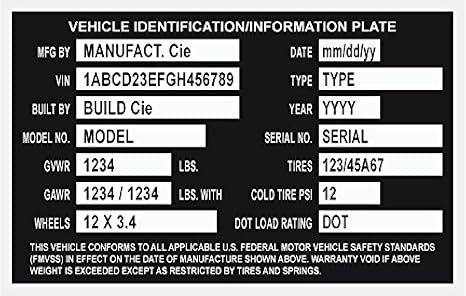 Custom Engraved Trailer ID Truck Data Plate. Vehicle identification information plate.