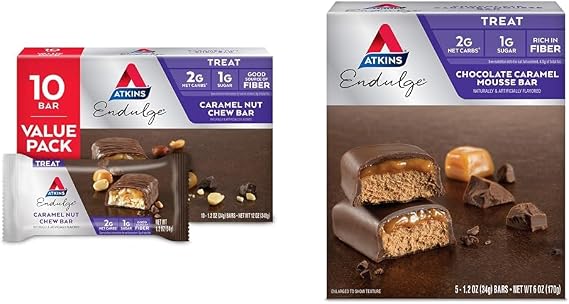 Atkins Endulge Caramel Nut Chew Bar, Dessert Favorite, 1g Sugar, Good Source of Fiber, Low Sugar, 10 Count & Endulge Chocolate Caramel Mousse Bar, Dessert Favorite, 1g Sugar, High in Fiber, 5 Count